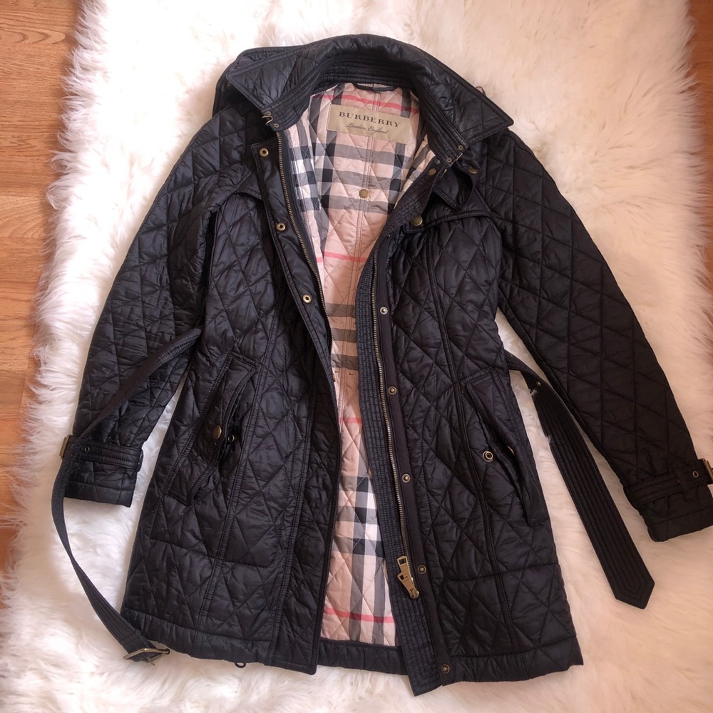 Burberry Baughton Diamond Quilted Jacket Hooded Belted Black Size XS